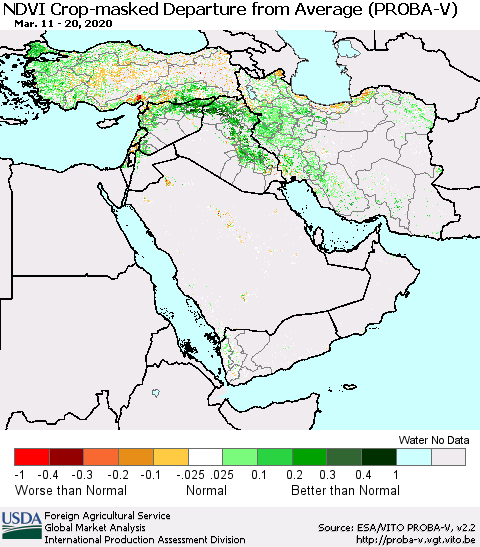 Middle East and Turkey NDVI Crop-masked Departure from Average (PROBA-V) Thematic Map For 3/11/2020 - 3/20/2020