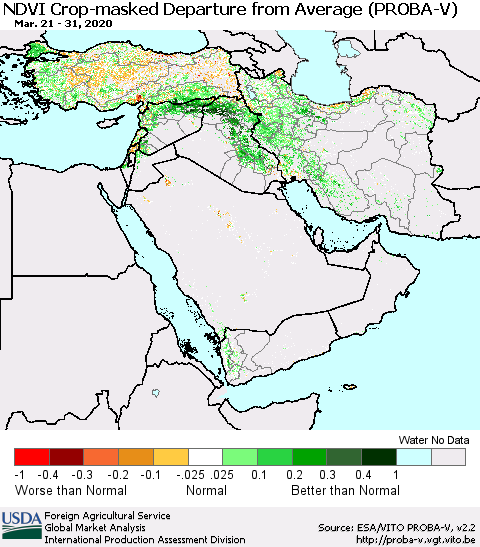 Middle East and Turkey NDVI Crop-masked Departure from Average (PROBA-V) Thematic Map For 3/21/2020 - 3/31/2020