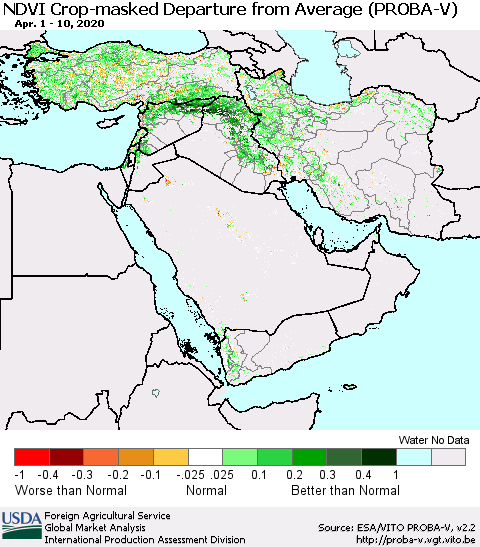 Middle East and Turkey NDVI Crop-masked Departure from Average (PROBA-V) Thematic Map For 4/1/2020 - 4/10/2020