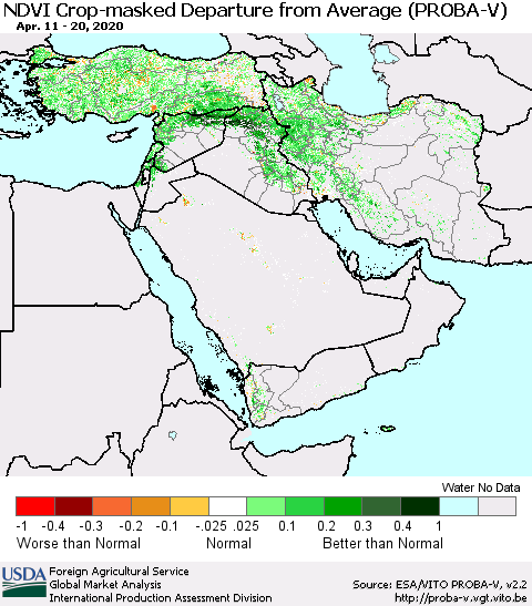 Middle East and Turkey NDVI Crop-masked Departure from Average (PROBA-V) Thematic Map For 4/11/2020 - 4/20/2020