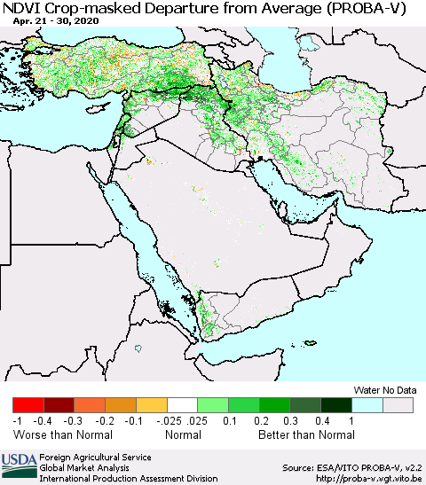 Middle East and Turkey NDVI Crop-masked Departure from Average (PROBA-V) Thematic Map For 4/21/2020 - 4/30/2020
