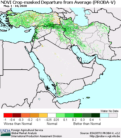 Middle East and Turkey NDVI Crop-masked Departure from Average (PROBA-V) Thematic Map For 5/1/2020 - 5/10/2020