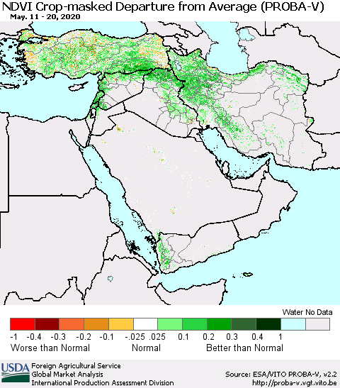 Middle East and Turkey NDVI Crop-masked Departure from Average (PROBA-V) Thematic Map For 5/11/2020 - 5/20/2020