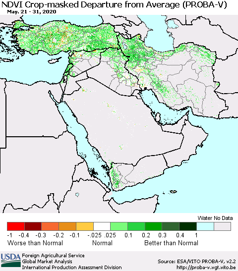 Middle East and Turkey NDVI Crop-masked Departure from Average (PROBA-V) Thematic Map For 5/21/2020 - 5/31/2020