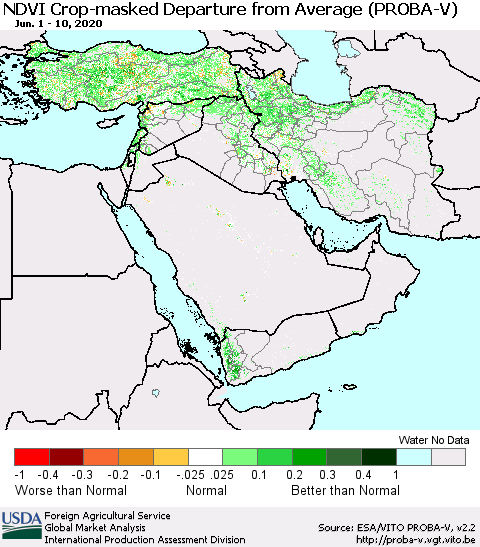 Middle East and Turkey NDVI Crop-masked Departure from Average (PROBA-V) Thematic Map For 6/1/2020 - 6/10/2020