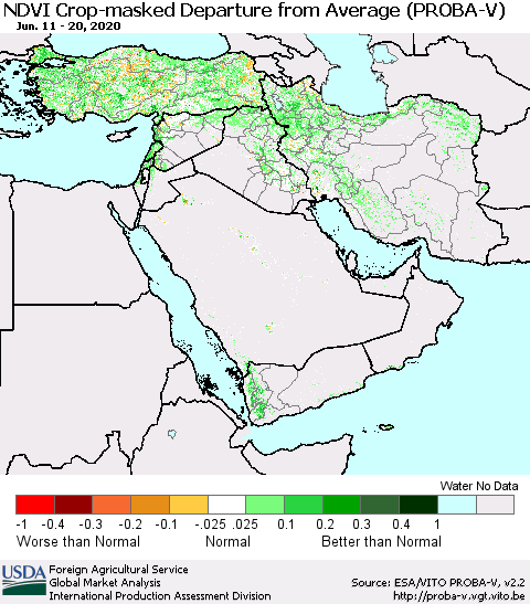 Middle East and Turkey NDVI Crop-masked Departure from Average (PROBA-V) Thematic Map For 6/11/2020 - 6/20/2020