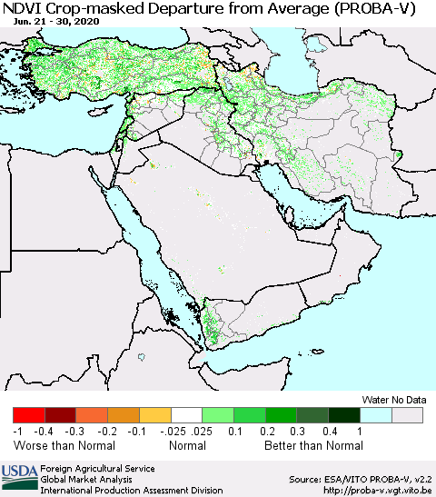 Middle East and Turkey NDVI Crop-masked Departure from Average (PROBA-V) Thematic Map For 6/21/2020 - 6/30/2020