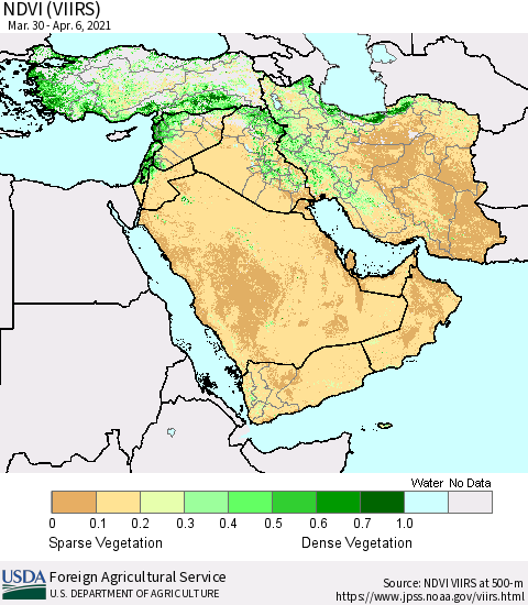 Middle East and Turkey NDVI (VIIRS) Thematic Map For 4/1/2021 - 4/10/2021