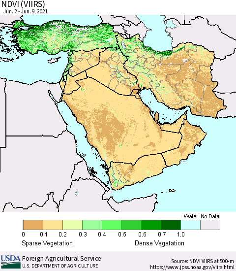 Middle East and Turkey NDVI (VIIRS) Thematic Map For 6/1/2021 - 6/10/2021