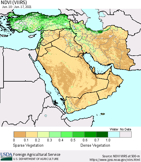 Middle East and Turkey NDVI (VIIRS) Thematic Map For 6/11/2021 - 6/20/2021
