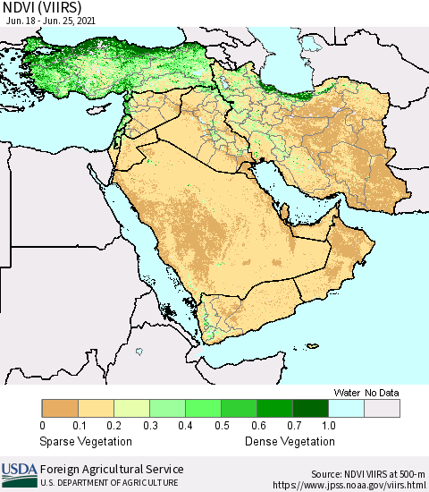 Middle East and Turkey NDVI (VIIRS) Thematic Map For 6/21/2021 - 6/30/2021