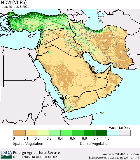 Middle East and Turkey NDVI (VIIRS) Thematic Map For 7/1/2021 - 7/10/2021