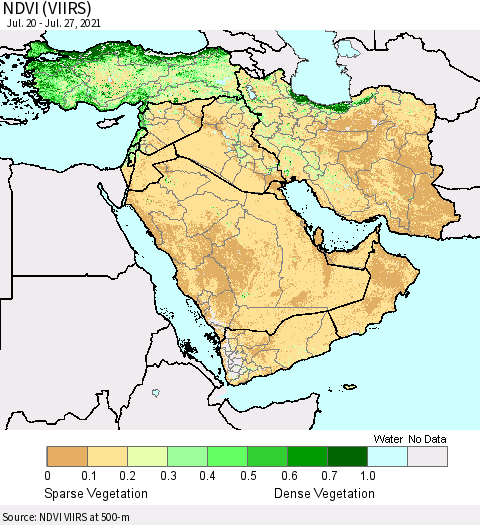 Middle East and Turkey NDVI (VIIRS) Thematic Map For 7/20/2021 - 7/27/2021
