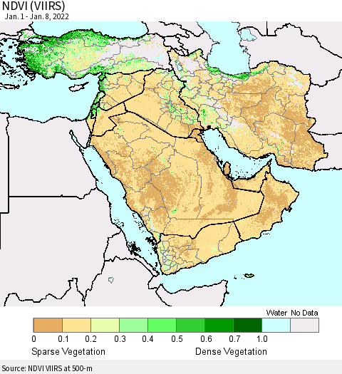 Middle East and Turkey NDVI (VIIRS) Thematic Map For 1/1/2022 - 1/8/2022