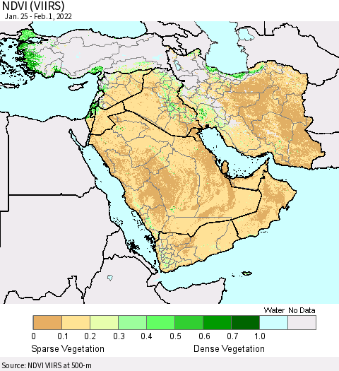 Middle East and Turkey NDVI (VIIRS) Thematic Map For 1/25/2022 - 2/1/2022