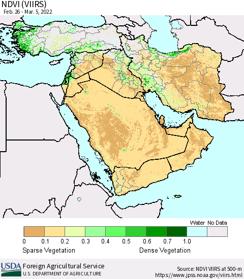 Middle East and Turkey NDVI (VIIRS) Thematic Map For 3/1/2022 - 3/10/2022
