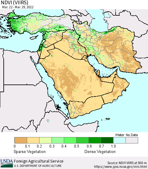Middle East and Turkey NDVI (VIIRS) Thematic Map For 3/21/2022 - 3/31/2022