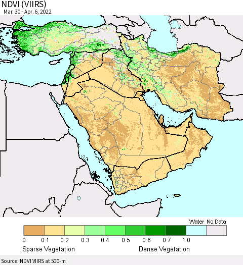 Middle East and Turkey NDVI (VIIRS) Thematic Map For 3/30/2022 - 4/6/2022