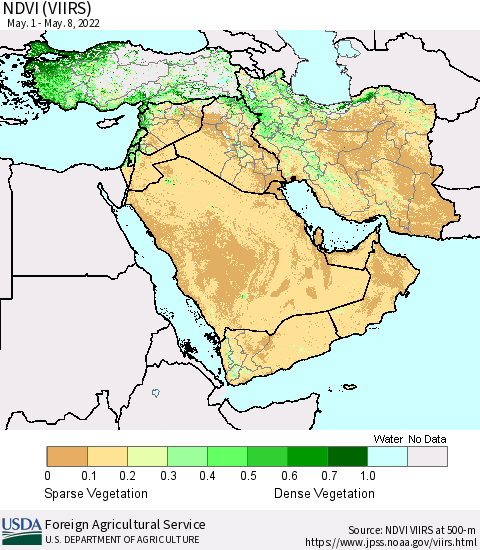 Middle East and Turkey NDVI (VIIRS) Thematic Map For 5/1/2022 - 5/10/2022