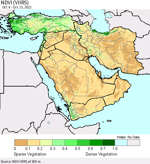 Middle East and Turkey NDVI (VIIRS) Thematic Map For 10/8/2022 - 10/15/2022