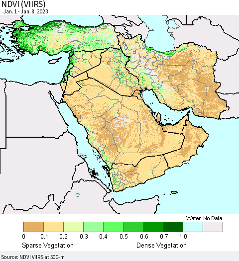Middle East and Turkey NDVI (VIIRS) Thematic Map For 1/1/2023 - 1/8/2023