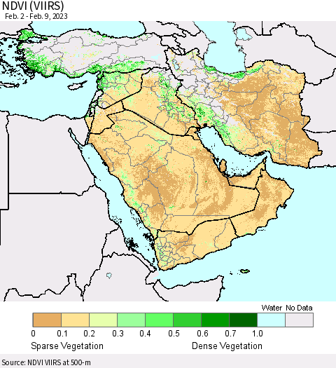 Middle East and Turkey NDVI (VIIRS) Thematic Map For 2/2/2023 - 2/9/2023