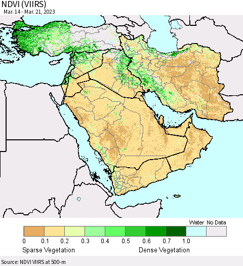Middle East and Turkey NDVI (VIIRS) Thematic Map For 3/14/2023 - 3/21/2023