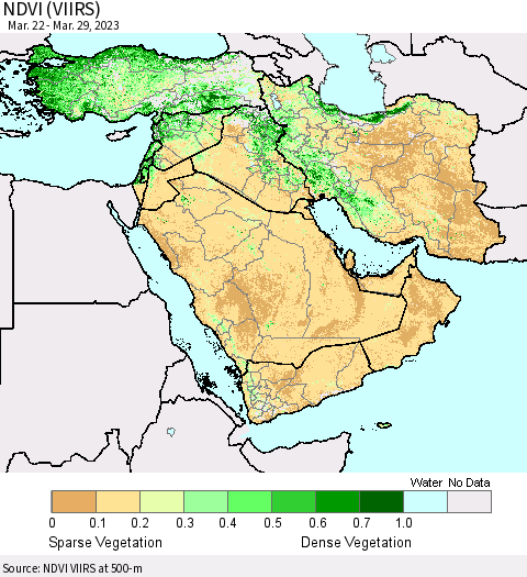 Middle East and Turkey NDVI (VIIRS) Thematic Map For 3/22/2023 - 3/29/2023