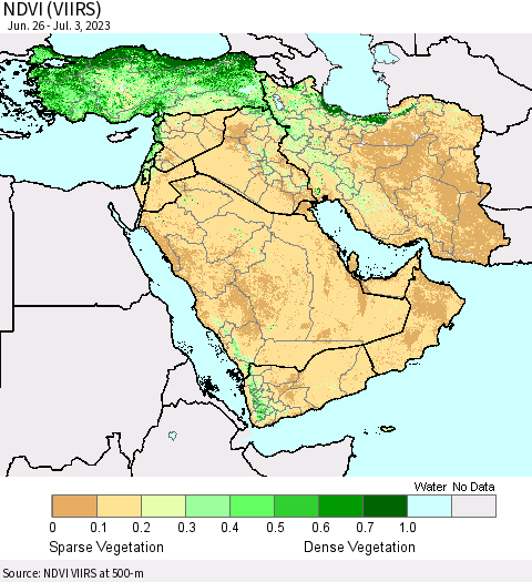 Middle East and Turkey NDVI (VIIRS) Thematic Map For 6/26/2023 - 7/3/2023
