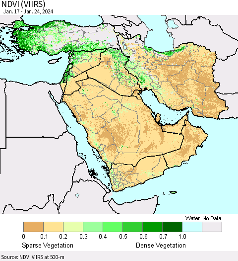 Middle East and Turkey NDVI (VIIRS) Thematic Map For 1/17/2024 - 1/24/2024
