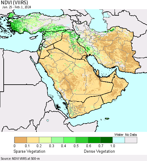 Middle East and Turkey NDVI (VIIRS) Thematic Map For 1/25/2024 - 2/1/2024