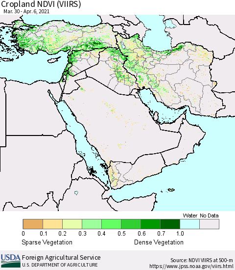 Middle East and Turkey Cropland NDVI (VIIRS) Thematic Map For 4/1/2021 - 4/10/2021
