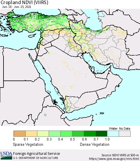 Middle East and Turkey Cropland NDVI (VIIRS) Thematic Map For 6/21/2021 - 6/30/2021
