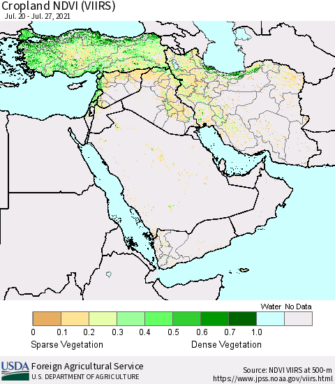 Middle East and Turkey Cropland NDVI (VIIRS) Thematic Map For 7/21/2021 - 7/31/2021