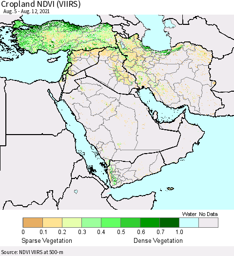 Middle East and Turkey Cropland NDVI (VIIRS) Thematic Map For 8/5/2021 - 8/12/2021