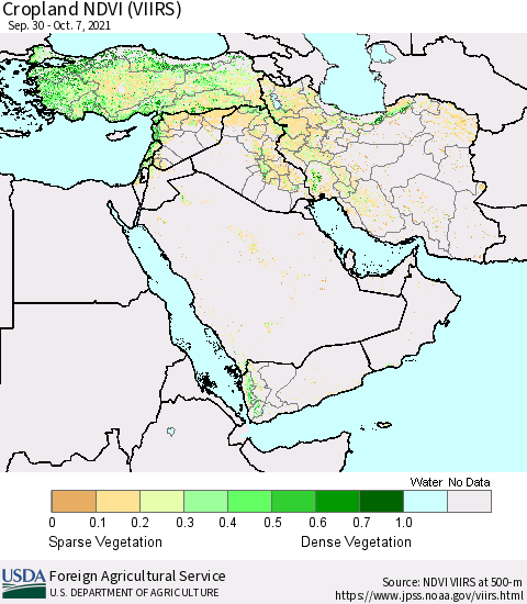 Middle East and Turkey Cropland NDVI (VIIRS) Thematic Map For 10/1/2021 - 10/10/2021
