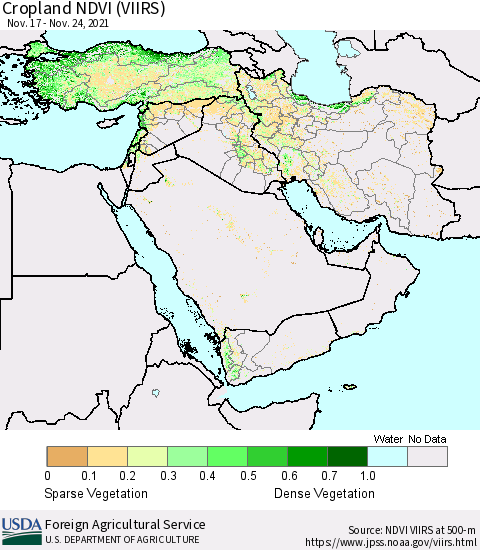 Middle East and Turkey Cropland NDVI (VIIRS) Thematic Map For 11/21/2021 - 11/30/2021