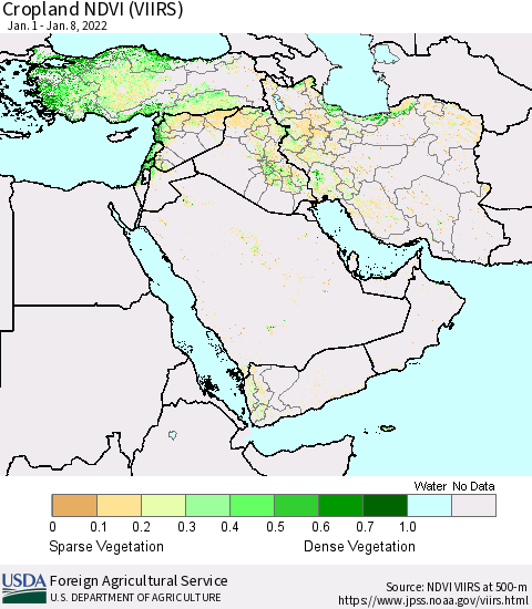 Middle East and Turkey Cropland NDVI (VIIRS) Thematic Map For 1/1/2022 - 1/10/2022