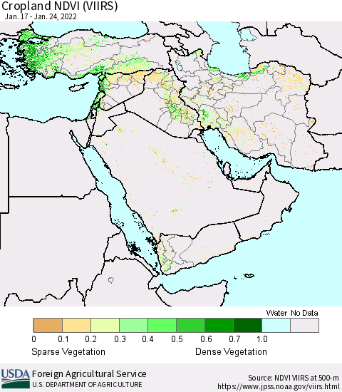 Middle East and Turkey Cropland NDVI (VIIRS) Thematic Map For 1/21/2022 - 1/31/2022