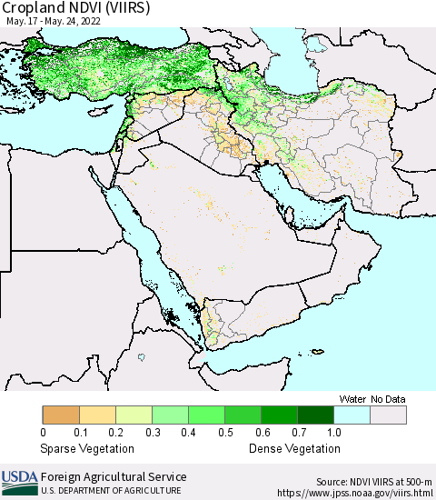 Middle East and Turkey Cropland NDVI (VIIRS) Thematic Map For 5/21/2022 - 5/31/2022