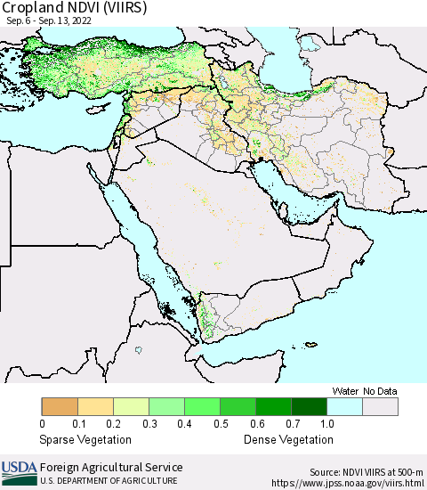 Middle East and Turkey Cropland NDVI (VIIRS) Thematic Map For 9/11/2022 - 9/20/2022