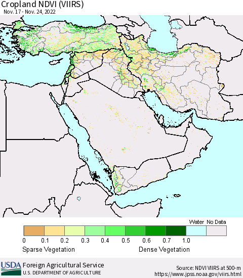 Middle East and Turkey Cropland NDVI (VIIRS) Thematic Map For 11/21/2022 - 11/30/2022