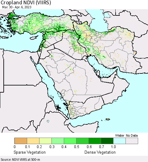 Middle East and Turkey Cropland NDVI (VIIRS) Thematic Map For 3/30/2023 - 4/6/2023