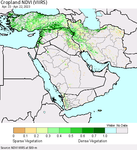 Middle East and Turkey Cropland NDVI (VIIRS) Thematic Map For 4/15/2023 - 4/22/2023