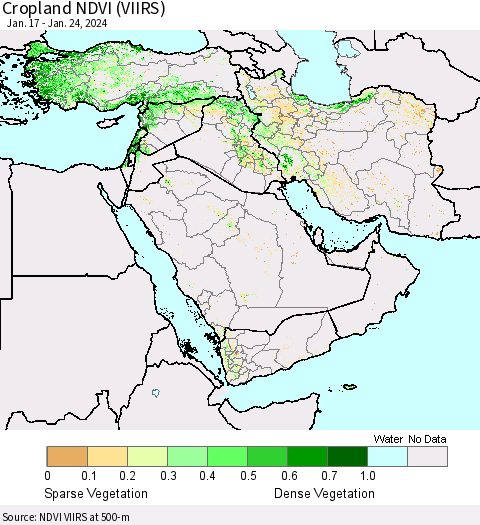 Middle East and Turkey Cropland NDVI (VIIRS) Thematic Map For 1/17/2024 - 1/24/2024