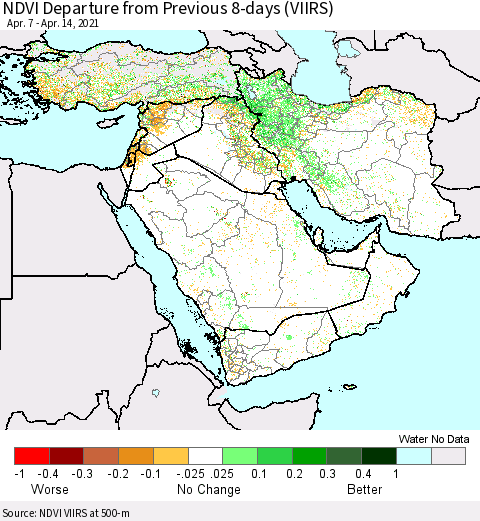Middle East and Turkey NDVI Departure from Previous 8-days (VIIRS) Thematic Map For 4/7/2021 - 4/14/2021