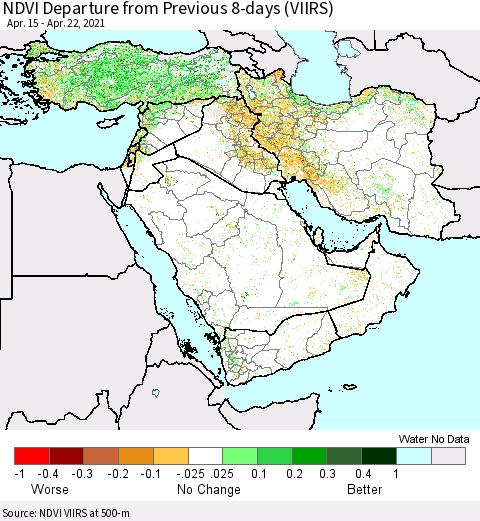 Middle East and Turkey NDVI Departure from Previous 8-days (VIIRS) Thematic Map For 4/15/2021 - 4/22/2021