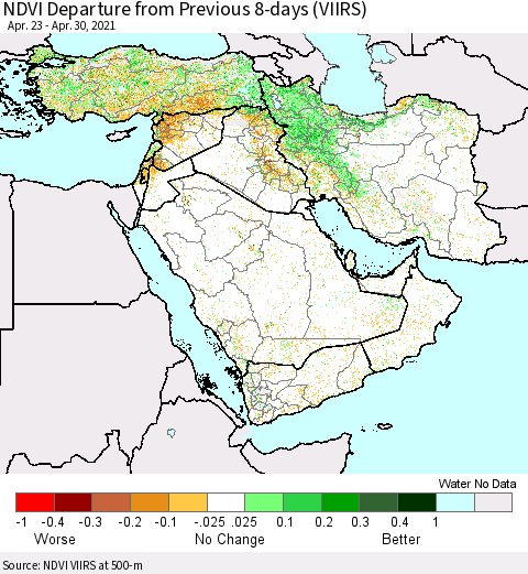 Middle East and Turkey NDVI Departure from Previous 8-days (VIIRS) Thematic Map For 4/23/2021 - 4/30/2021