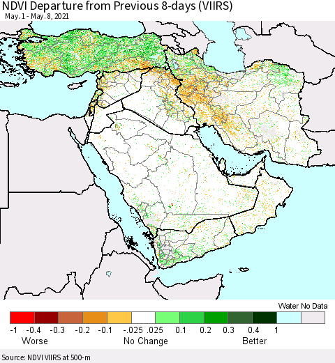 Middle East and Turkey NDVI Departure from Previous 8-days (VIIRS) Thematic Map For 5/1/2021 - 5/8/2021