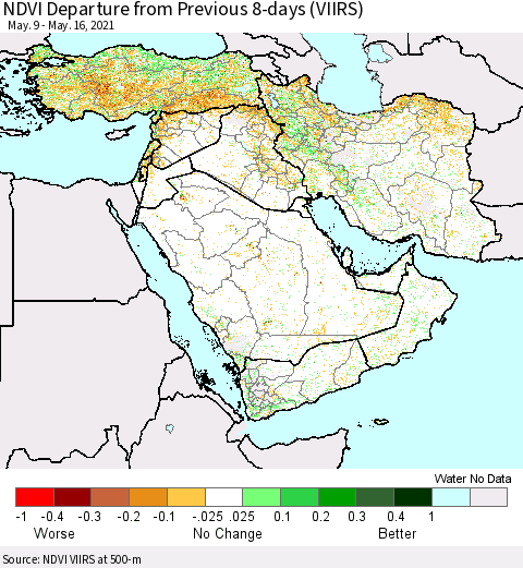 Middle East and Turkey NDVI Departure from Previous 8-days (VIIRS) Thematic Map For 5/9/2021 - 5/16/2021